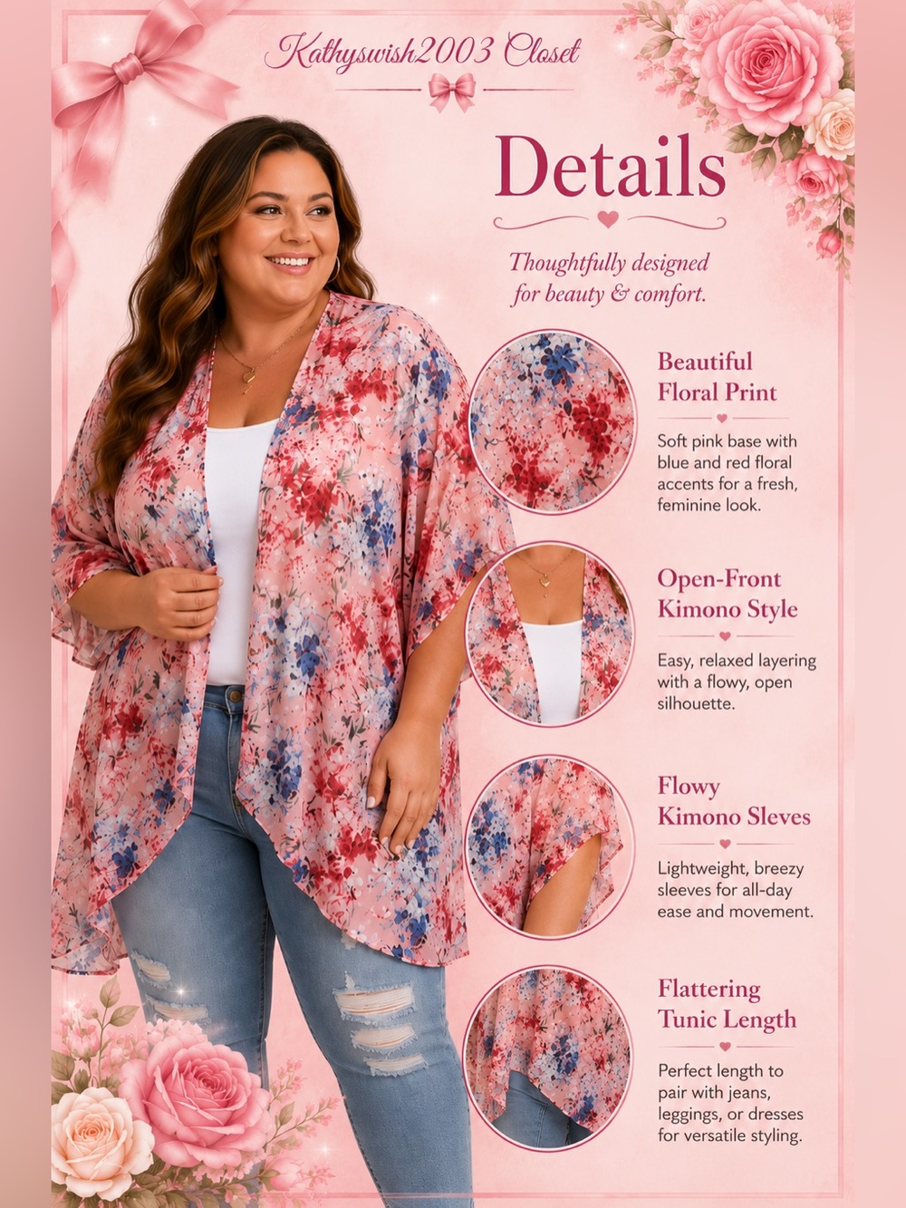 Pink Floral Open-Front Tunic Kimono Jacket - Picture 3 of 15